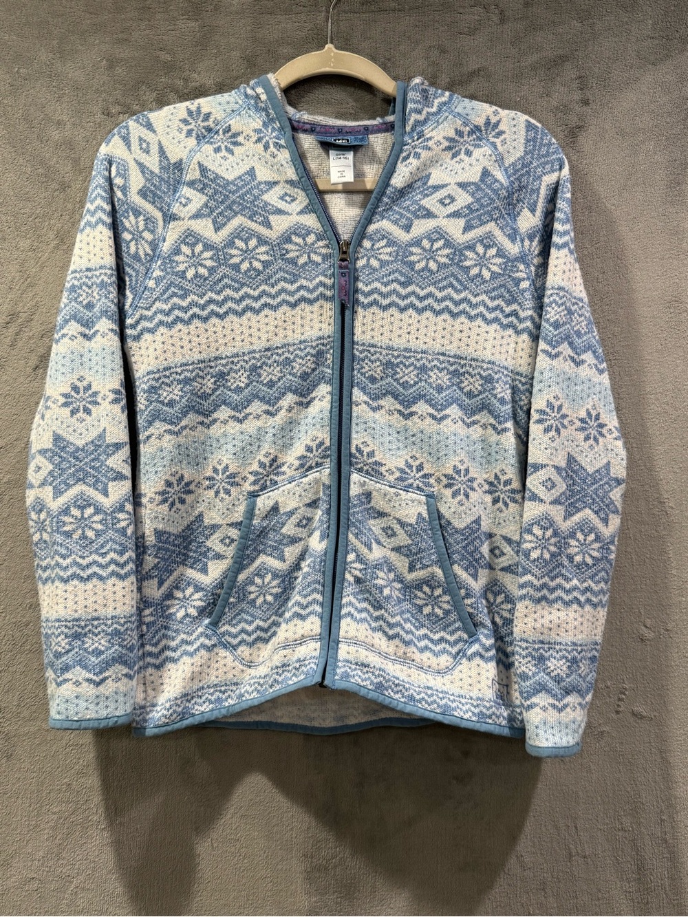 REI Co-Op Girls L 14-16 Snow Flake Fair Aisle Print Blue Hooded Fleece Jacket